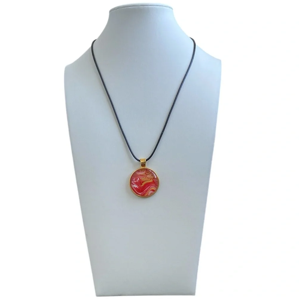 Hand Crafted Red and Gold Fluid Art Pendant Necklace by Svetlana Yeung